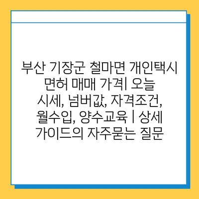 부산 기장군 철마면 개인택시 면허 매매 가격| 오늘 시세, 넘버값, 자격조건, 월수입, 양수교육 | 상세 가이드