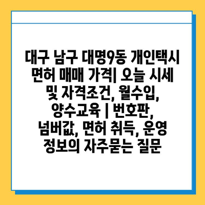 대구 남구 대명9동 개인택시 면허 매매 가격| 오늘 시세 및 자격조건, 월수입, 양수교육 | 번호판, 넘버값, 면허 취득, 운영 정보