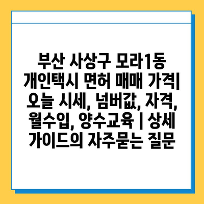 부산 사상구 모라1동 개인택시 면허 매매 가격| 오늘 시세, 넘버값, 자격, 월수입, 양수교육 | 상세 가이드