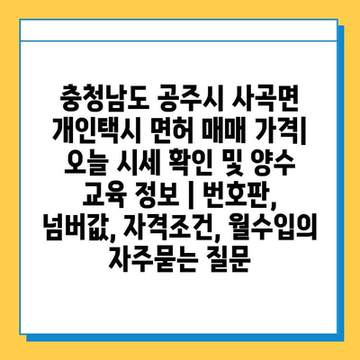 충청남도 공주시 사곡면 개인택시 면허 매매 가격| 오늘 시세 확인 및 양수 교육 정보 | 번호판, 넘버값, 자격조건, 월수입