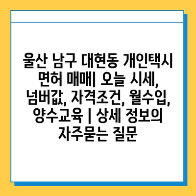 울산 남구 대현동 개인택시 면허 매매| 오늘 시세, 넘버값, 자격조건, 월수입, 양수교육 | 상세 정보