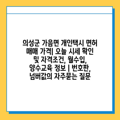 의성군 가음면 개인택시 면허 매매 가격| 오늘 시세 확인 및 자격조건, 월수입, 양수교육 정보 | 번호판, 넘버값