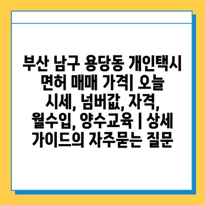 부산 남구 용당동 개인택시 면허 매매 가격| 오늘 시세, 넘버값, 자격, 월수입, 양수교육 | 상세 가이드