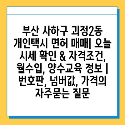 부산 사하구 괴정2동 개인택시 면허 매매| 오늘 시세 확인 & 자격조건, 월수입, 양수교육 정보 | 번호판, 넘버값, 가격