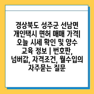 경상북도 성주군 선남면 개인택시 면허 매매 가격| 오늘 시세 확인 및 양수 교육 정보 | 번호판, 넘버값, 자격조건, 월수입