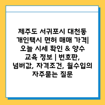 제주도 서귀포시 대천동 개인택시 면허 매매 가격| 오늘 시세 확인 & 양수 교육 정보 | 번호판, 넘버값, 자격조건, 월수입