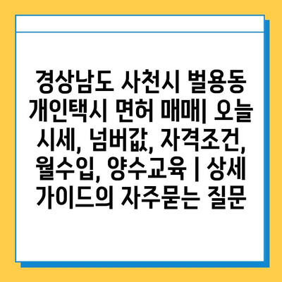 경상남도 사천시 벌용동 개인택시 면허 매매| 오늘 시세, 넘버값, 자격조건, 월수입, 양수교육 | 상세 가이드