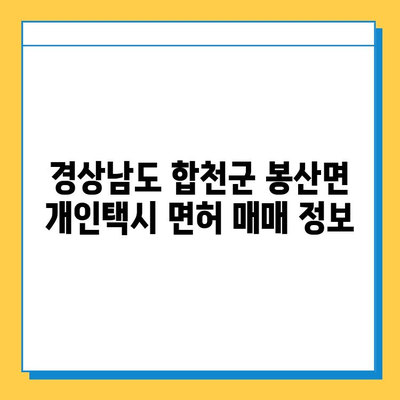 경상남도 합천군 봉산면 개인택시 면허 매매 가격| 오늘 시세, 넘버값, 자격조건, 월수입, 양수교육 | 상세 정보