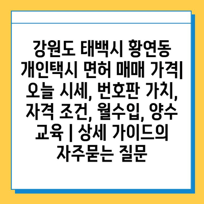 강원도 태백시 황연동 개인택시 면허 매매 가격| 오늘 시세, 번호판 가치, 자격 조건, 월수입, 양수 교육 | 상세 가이드