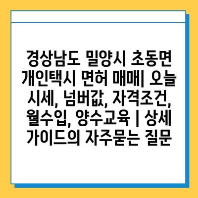 경상남도 밀양시 초동면 개인택시 면허 매매| 오늘 시세, 넘버값, 자격조건, 월수입, 양수교육 | 상세 가이드