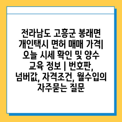 전라남도 고흥군 봉래면 개인택시 면허 매매 가격| 오늘 시세 확인 및 양수 교육 정보 | 번호판, 넘버값, 자격조건, 월수입