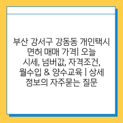 부산 강서구 강동동 개인택시 면허 매매 가격| 오늘 시세, 넘버값, 자격조건, 월수입 & 양수교육 | 상세 정보