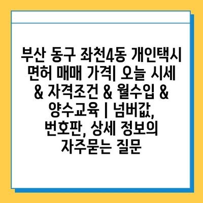 부산 동구 좌천4동 개인택시 면허 매매 가격| 오늘 시세 & 자격조건 & 월수입 & 양수교육 | 넘버값, 번호판, 상세 정보